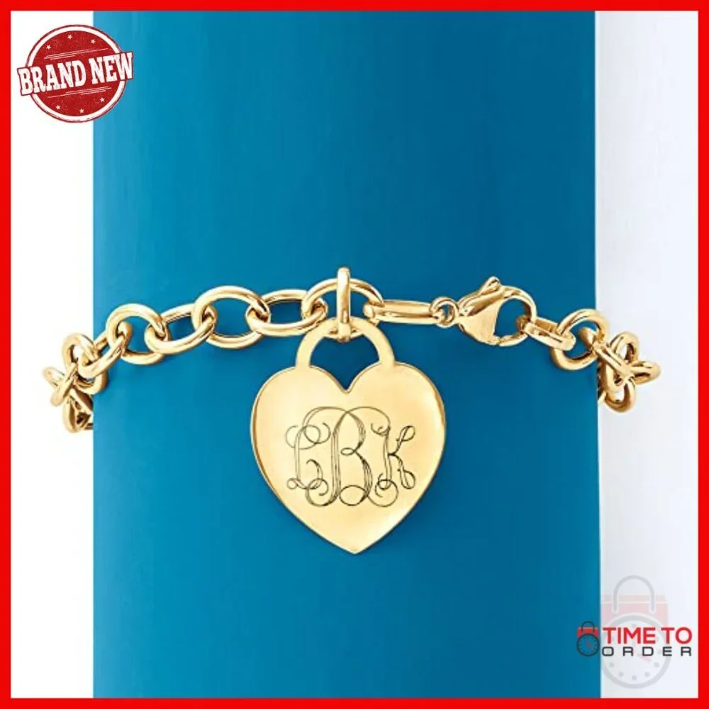 14kt Gold Heart Charm Bracelet, 7 Inch, Personalized Gift, Lobster Clasp